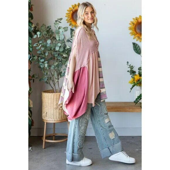 Oli & Hali Washed Mixed Media V Neck Pointed Hem Babydoll Top Pink Oversized Siz - Picture 6 of 9